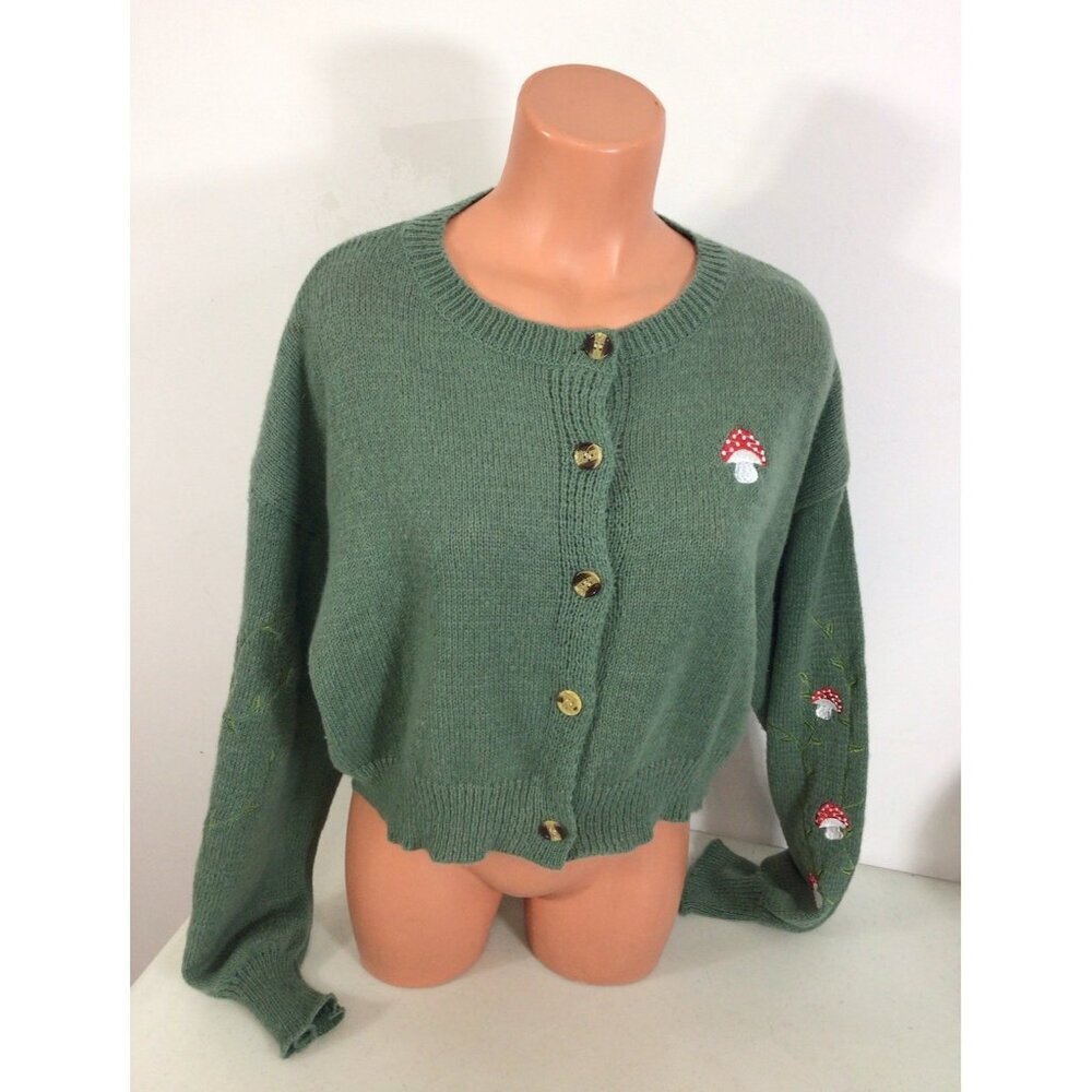Mushroom Embroidered Cropped Cardigan - Green